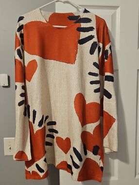 Heart Print Long Sleeve Tunic -red Hearts & Black on Cream NWOT
